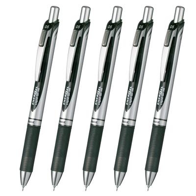 Pentel Energel Шариковая ручка с гелевыми чернилами, нажимной механизм, Серебристый, 5 ручек, Тип, 0,5 мм, Корпус, XBLN75ZA, Черный,