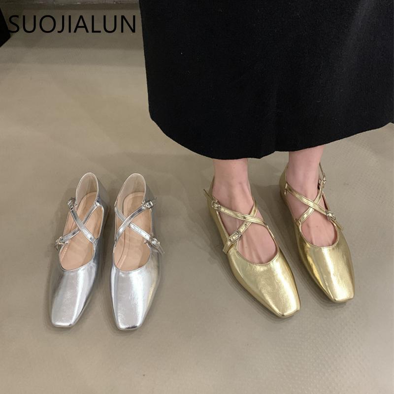 Fashion SUOJIALUN Spring New Women Flat Shoes Fashion Gold Ladies Round Toe Sahllow Ladies Elegant Mary Jane Shoes Soft Dress Ballerinas