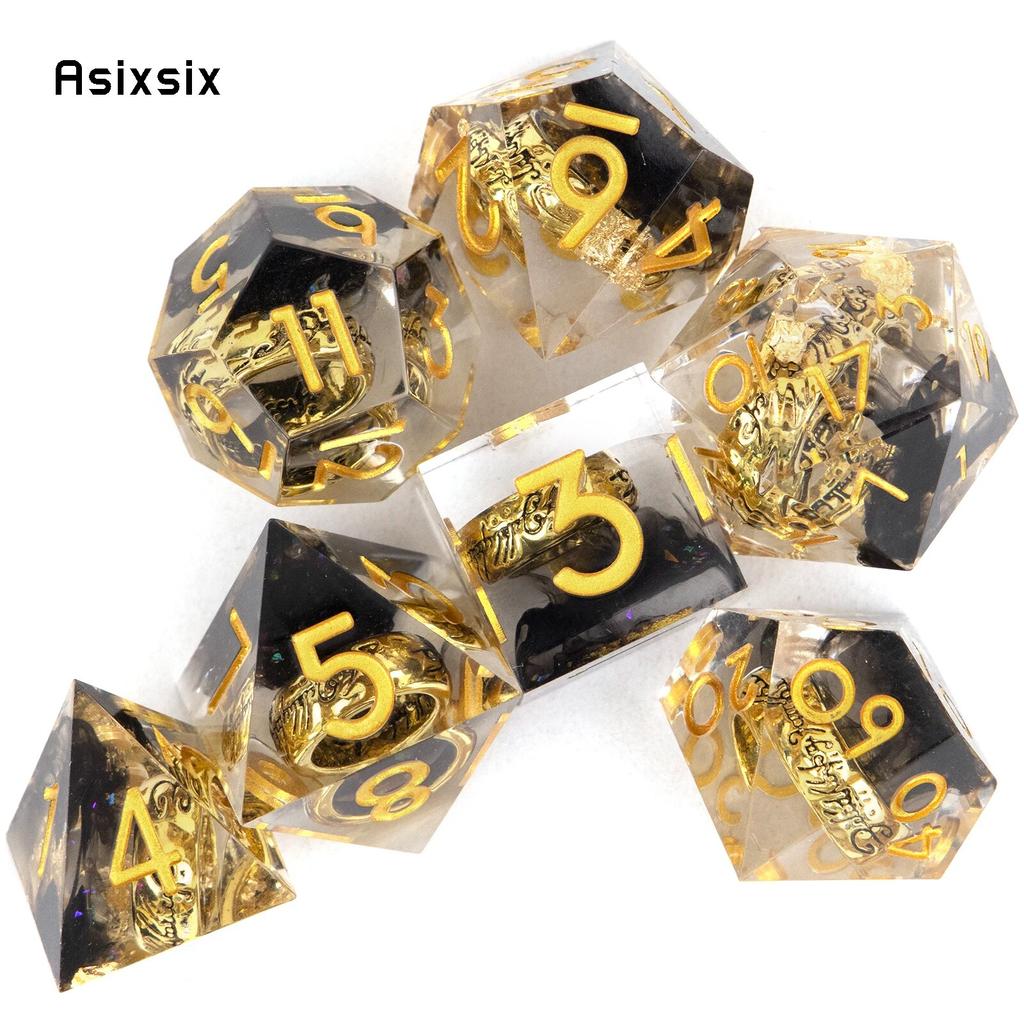 7 Pcs Black Resin Ring Golden Number Sharp Edge Dice Polyhedral Dice Suitable for Role-Playing RPG Board Game