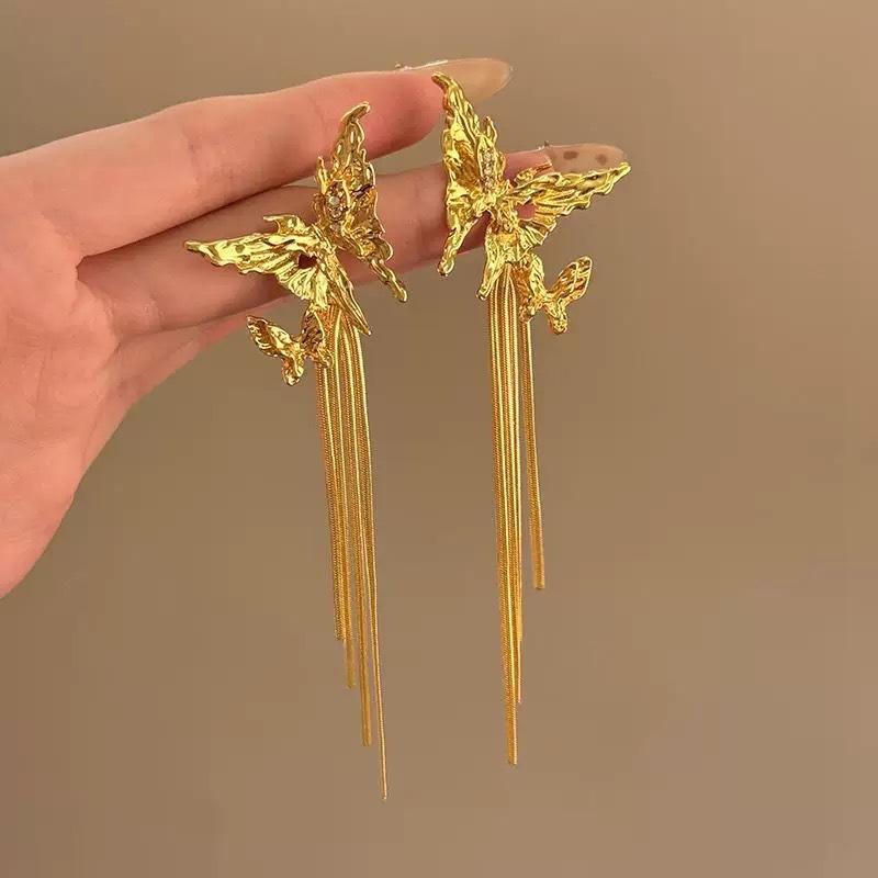 New Metal Tassel Drop Earrings for Women Double Butterfly Long Dangle Earrings Fashion Temperament Party Birthday Jewelry Gifts