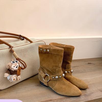 Летние новые ретро ботинки-казаки с широким голенищем и заклепками, с острым носком, на плоской подошве