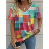 Summer Plaid Women's V-neck T-shirt Outdoor Casual Short-sleeved Top