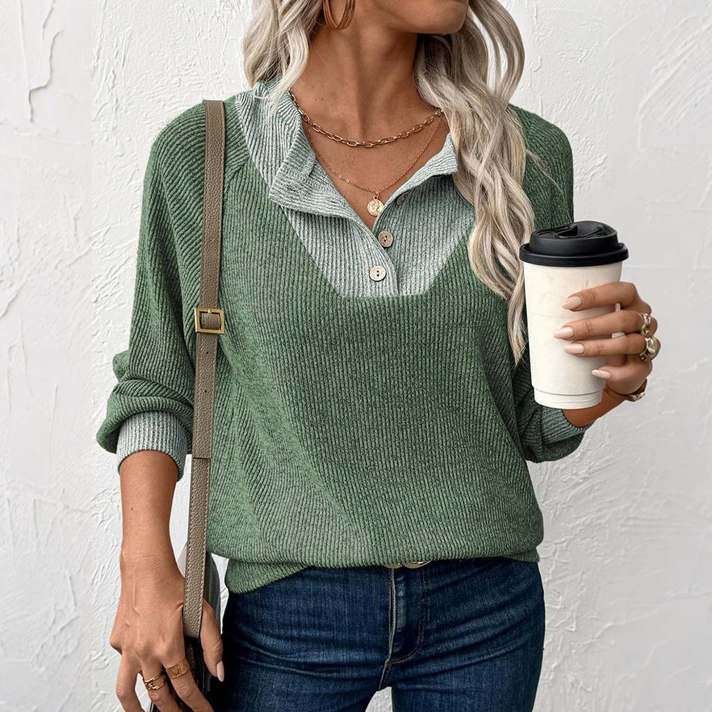 Women's Pullover Lapel Sweatshirt Fashionable Stitching Contrast Color Top