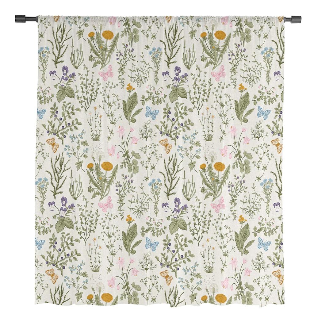 Vintage Herbaceous Floral Texture Sheer Curtains for Living Room Bedroom Kids Room Tulle Window Treatment Drapes