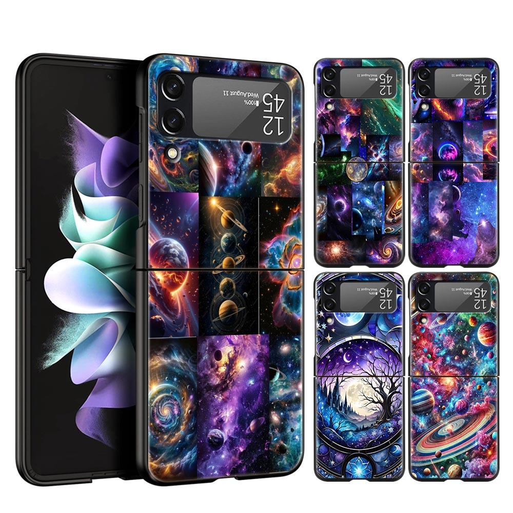 Universe Starry Sky Moon Hard PC Phone Case For Samsung Galaxy Z Flip 7 6 5 4 Black Cover For Galaxy Z Flip 3 Foldable Funda Bag