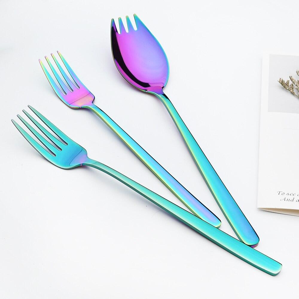 Gold 18/10 Stainless Steel Colorful Creative Design Kitchen Tableware Sporks Dessert Fork Spoon Noodles Salad Fruit Dinnerware