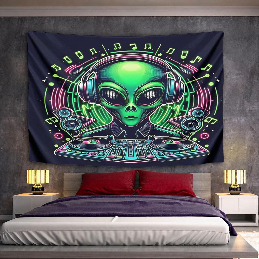 "Alien DJ with Headphones and Turntables" Pattern Wall Hanging Tapestry Decorative Tapestry Home Decor for Bedroom and Living Room