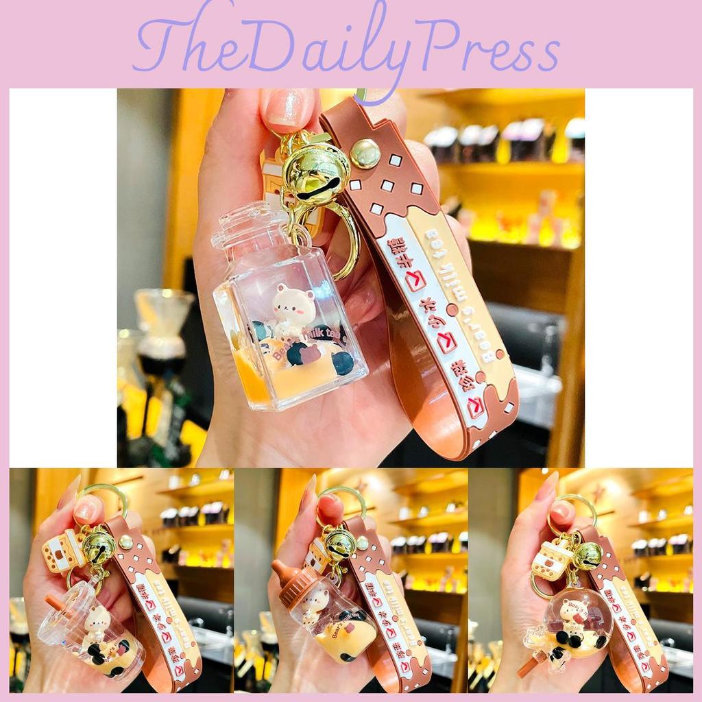 Stylish Acrylic Bear Keychain With Liquid Floating Milk Tea Design For Gifts