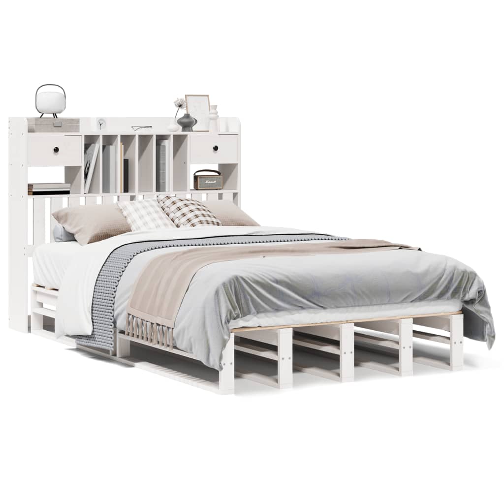 Solid Wood Bed with Shelf Without Mattress White 135x190 cm Pine