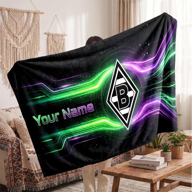 Borussia Mönchengladbach Personalized Fleece Blanket With Football Logo, Custom Name Text Soft Warm Home Throw Blanket