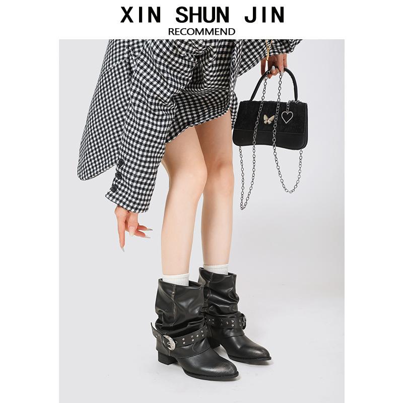 Folded Western Cowboy Boots Autumn Women'S Pile Boots Heel Pointed Knight Boots Pant Pants Boots