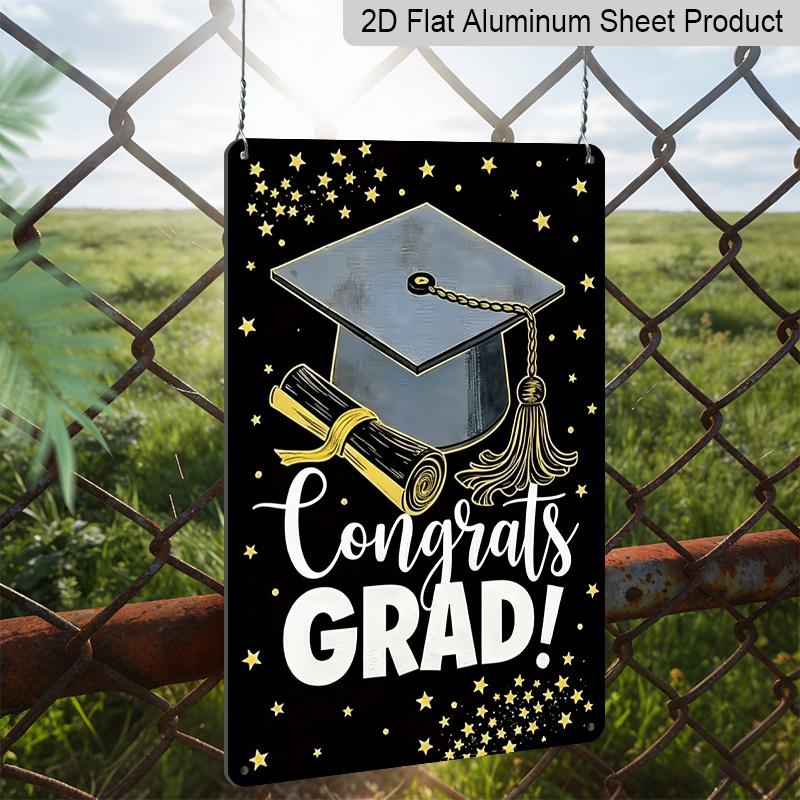 2D Flat, 1pc "Congrats Grad!" Metal Wall Art Sign with Graduation Cap & Diploma - 8*12 Inch Aluminium Black & Gold Graduation Decor, Stars Themed