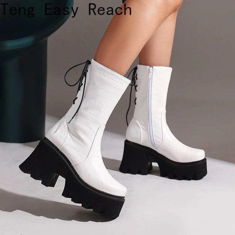 Size 34-44 Est Arrive Est Estpu Zipper Ankle Boots Square Toe Thick High Heels Boots Woman Punk Ladies Platform Boots White