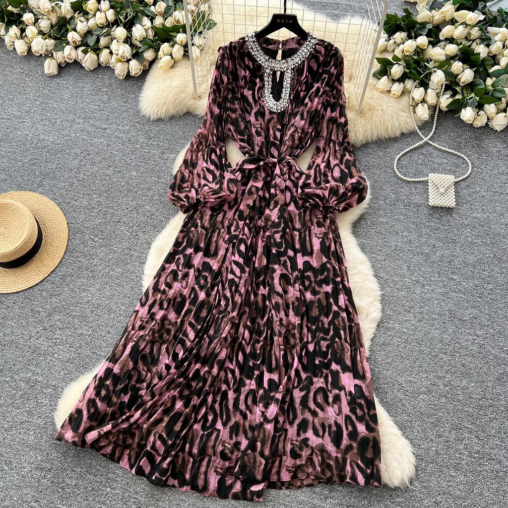 Шикарное винтажное сексуальное платье А-силуэта с длинным рукавом и леопардовым принтом, модная корейская мода, приталенное, летнее, элегантные платья-халаты