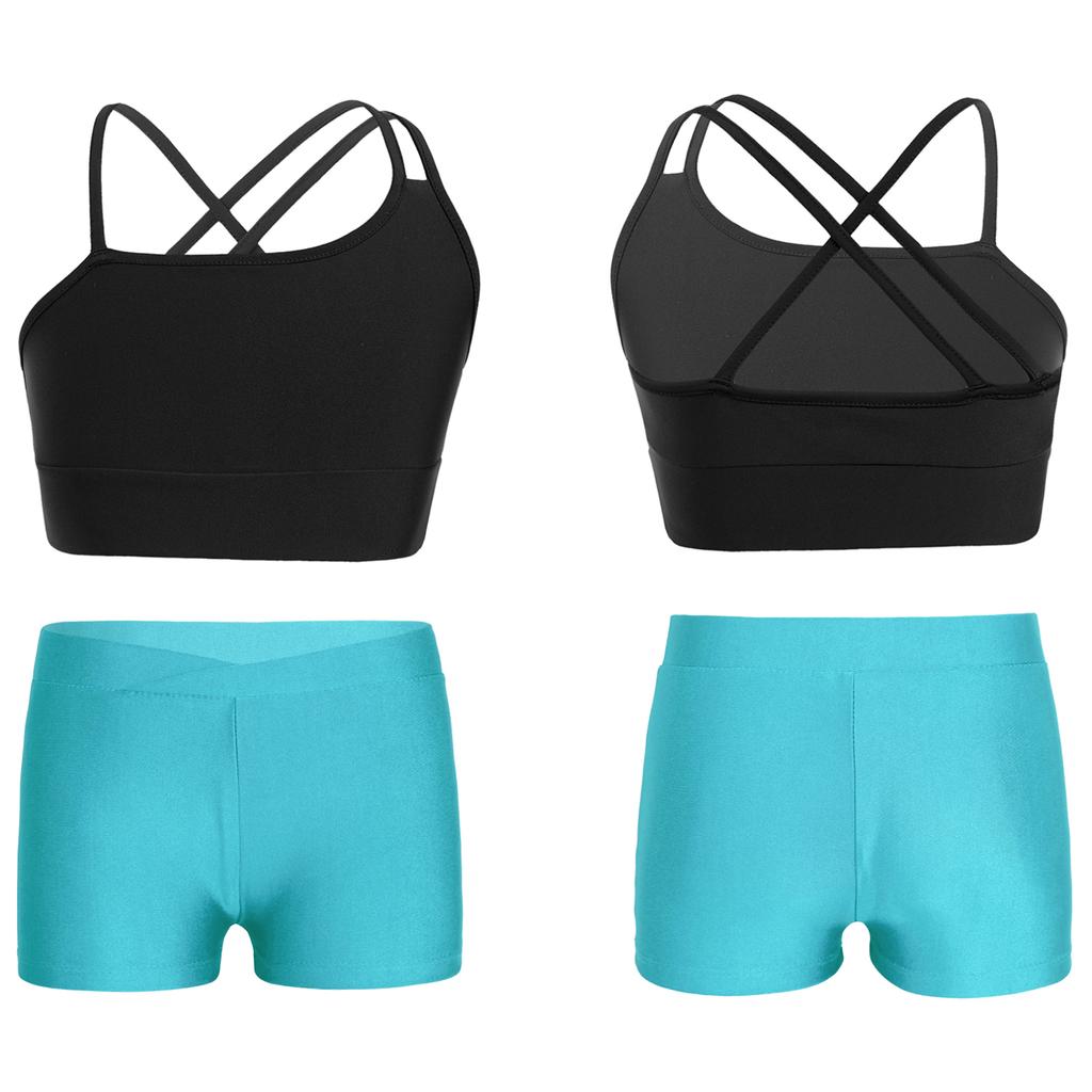 Kids Girls Asymmetrical Strappy Crop Top with Shorts for Sports Gymnastic Workout