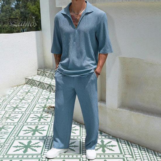 Мужской повседневный наряд из 2 шт./компл., топы с v-образным вырезом и лацканами и короткими рукавами, длинные брюки с широкими карманами, однотонный комплект для отдыха