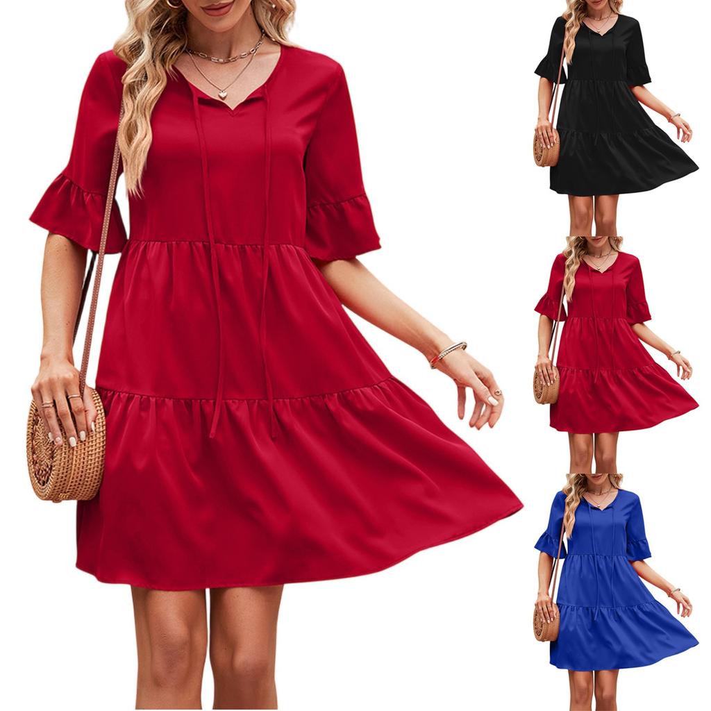 Women's Fashionable And Casual Flared Sleeve V-neck Solid Color Loose Dress