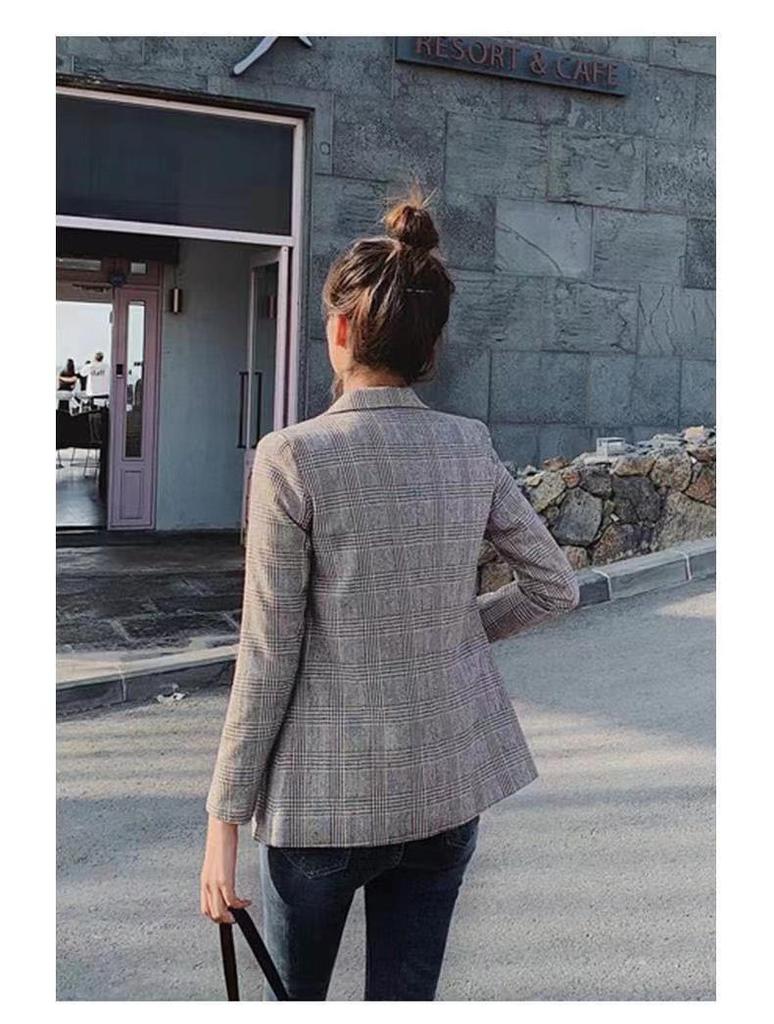 Women's Plaid Suit Jacket, Spring/Autumn 2024 Collection - Slim, Short Style, Trendy Student Look