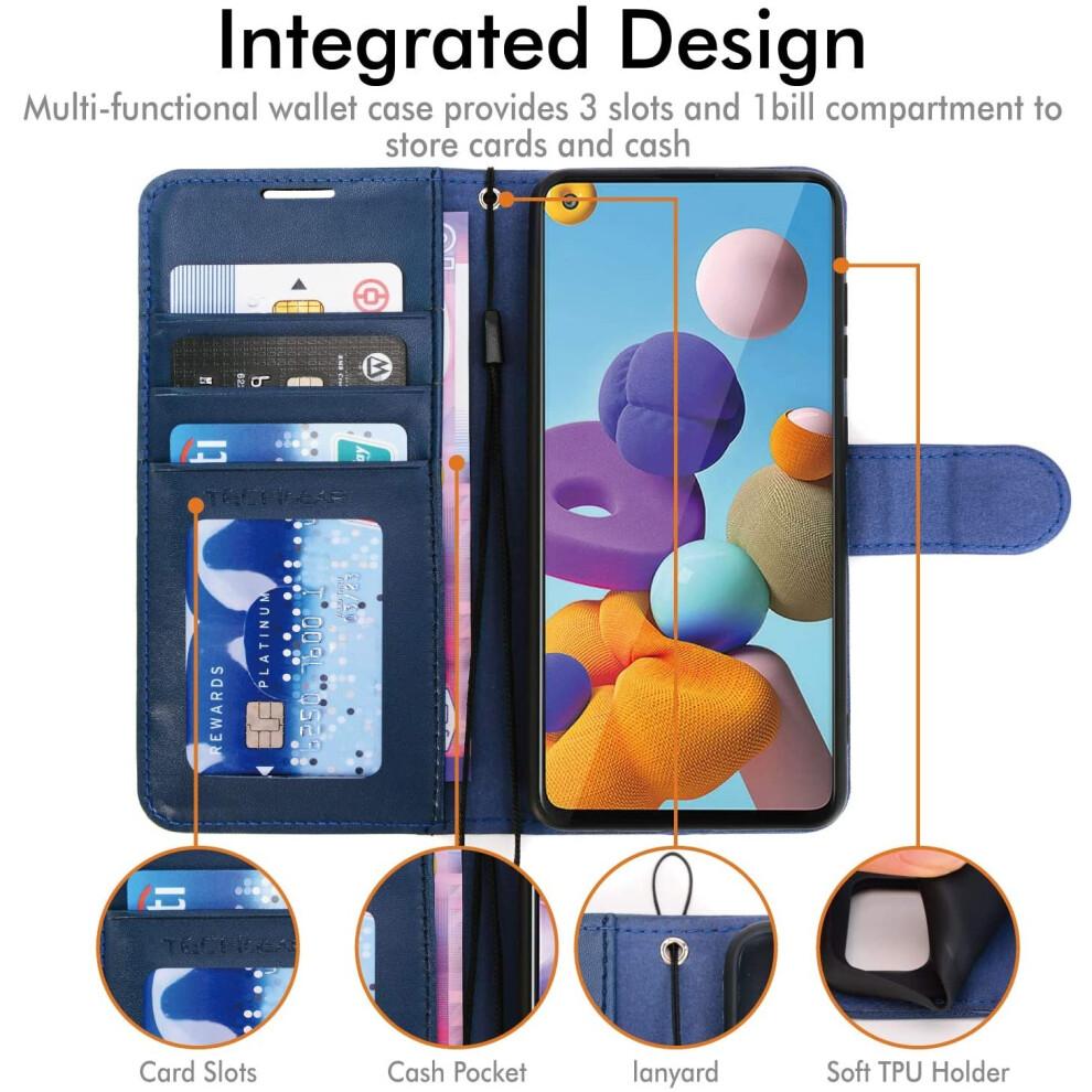Galaxy A21s Leather Wallet Case - Navy Blue, Flip Cover with 3 Card Slots + Money Pocket, Stand & Wrist Strap, Magnetic Closure 