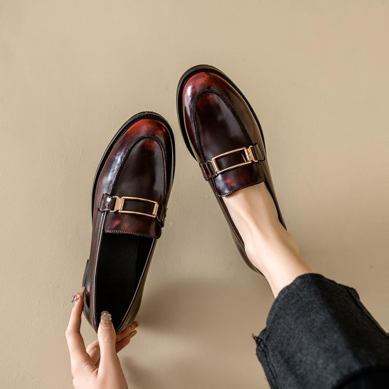 Повседневные мокасины для женщин, женские мокасины из натуральной кожи, британский стиль, средний каблук, круглый носок, одинарные туфли, кожаные туфли без застежек