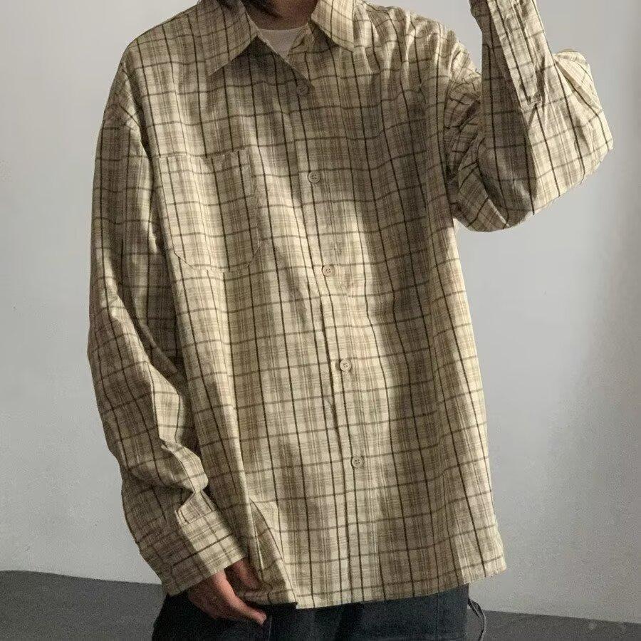 Ohod осень и зима новая японская нейтральная ретро повседневная рубашка с длинными рукавами свободная рубашка в клетку цвета хаки для мужчин
