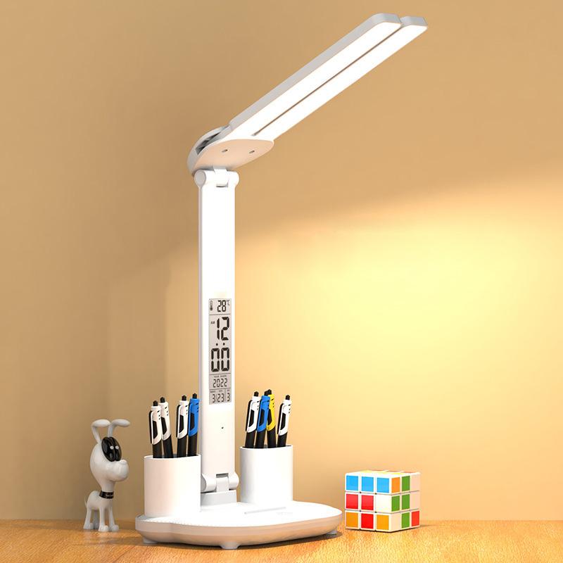 LED Stol Chirog'i USB Dimmerlanadigan Sensorli Buklanadigan Stol Chirog'i Kalendar, Harorat Soati, Kechki Chiroq bilan O'qish uchun O'qish Chirog'i