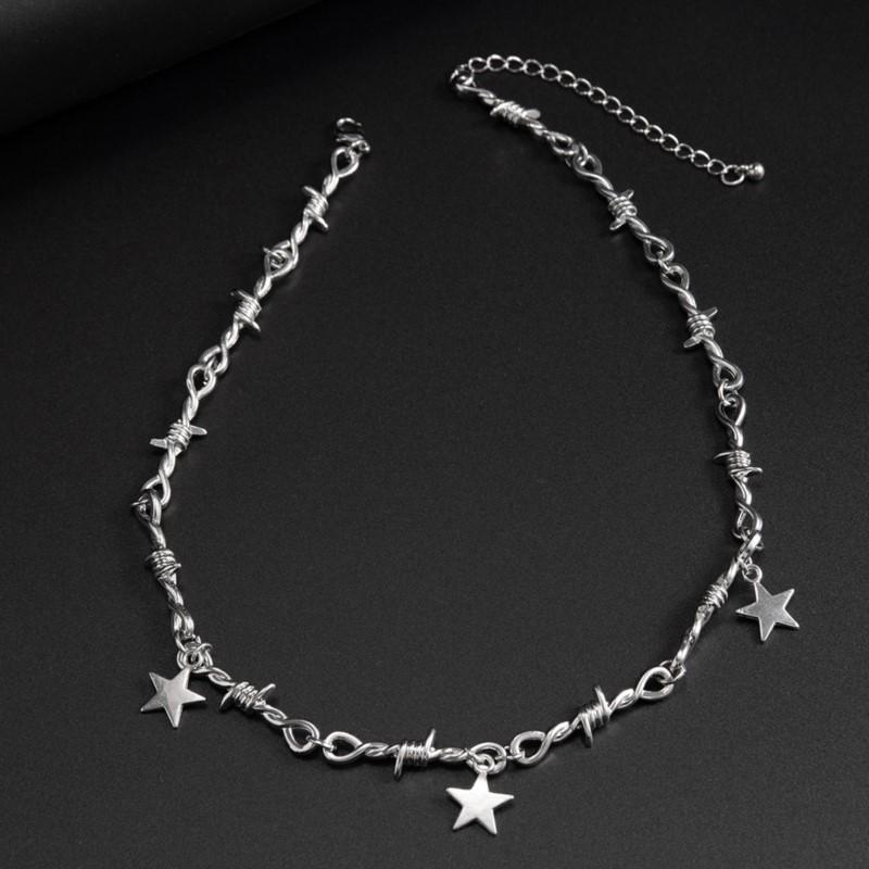 Серебристая necklace с пентаграммой-шипом для женщин мужчин Уличный Хип-хоп Звездные подвески Цепочка на ключицу Ювелирные изделия Подарки