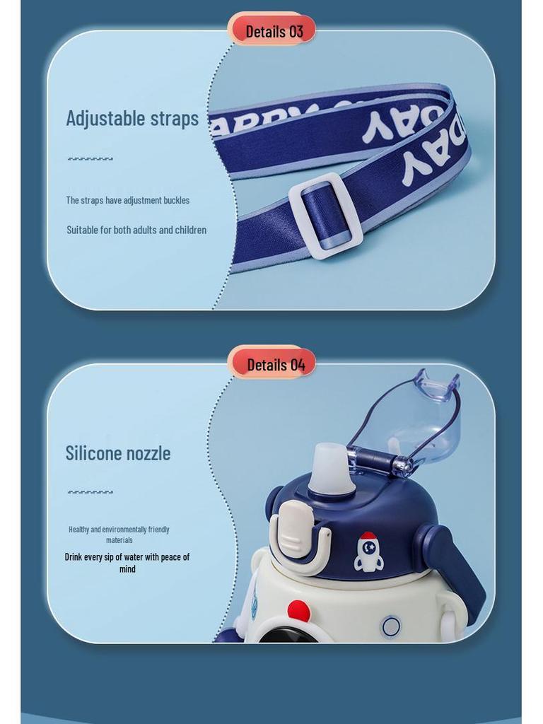 Изолированная бутылка для воды «Астронавт» для детей - Нержавеющая сталь 316, Большая вместимость с соломинкой