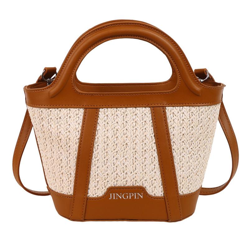 Повседневная модная портативная сумка-ведро, женская летняя новая соломенная сумка через плечо, текстурная комбинированная сумка-мессенджер