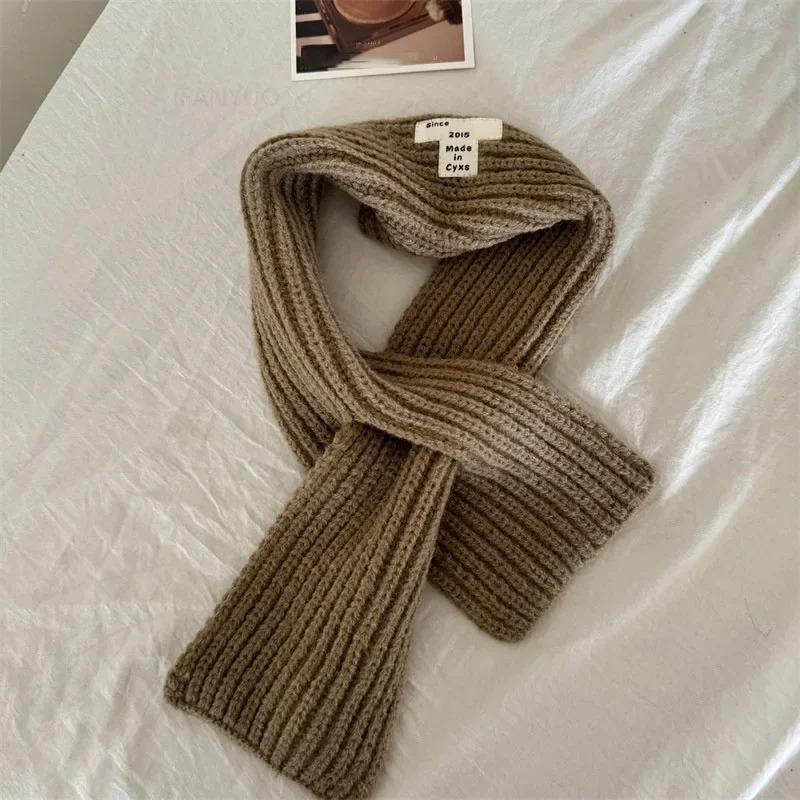 Корейский детский однотонный шарф с этикеткой, зимний, универсальный, ветрозащитный, теплый, вязаный, для мальчиков и малышей, шейный платок, простой, повседневный, для девочек, детские шарфы