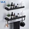 ULA Black Bathroom Shelf 30/40/50cm Kitchen Wall Shelf Shower Holder Storage Rack Towel Bar Robe Hooks Bathroom Accessories