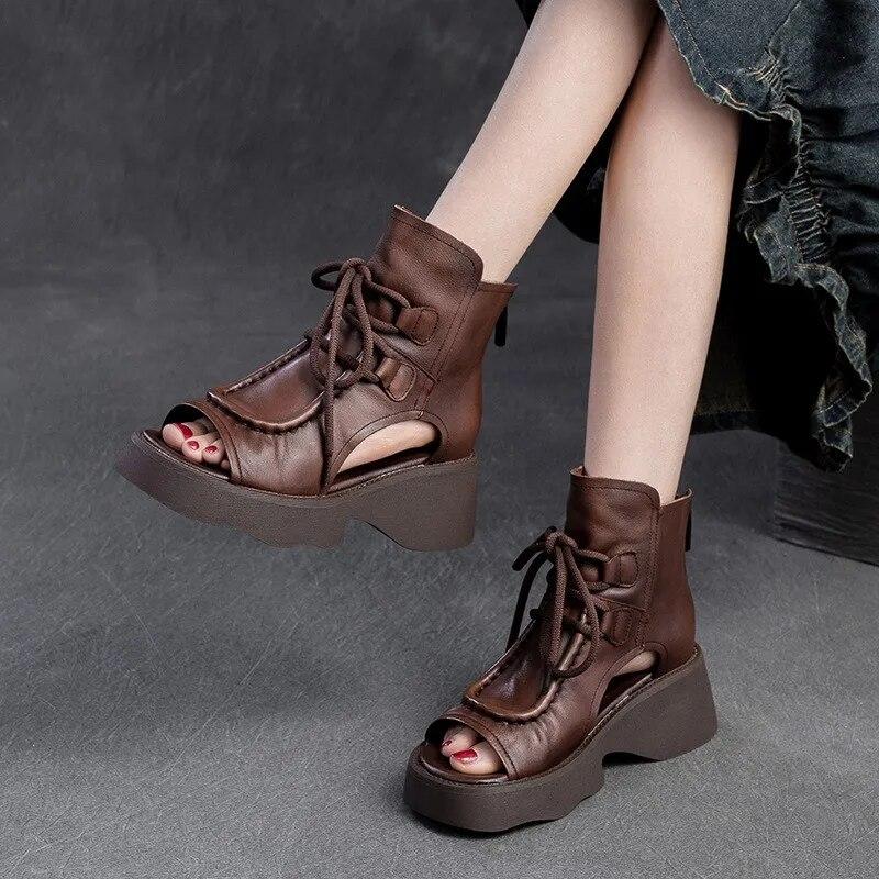 Johnature Retro Peep Toe Sandals Genuine Leather Thick Sole Elevated Back Zipper Casual Women's Wedges Shoes