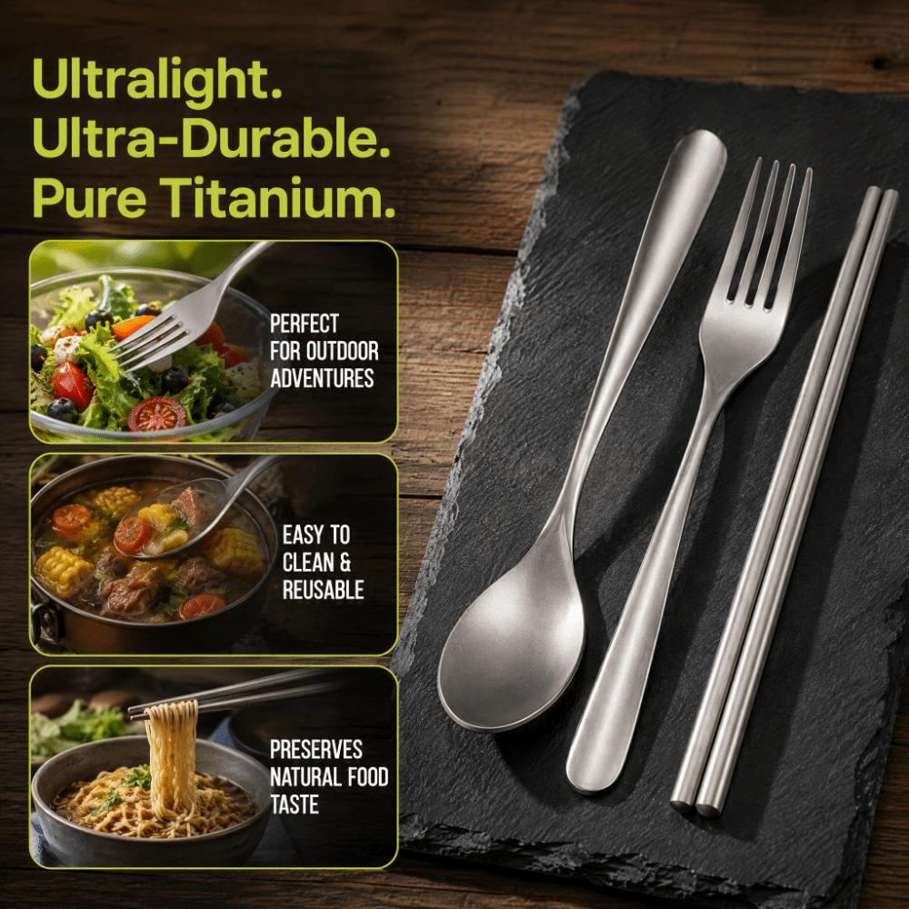 3 Piece Set Matte Finish Titanium Flatware Lightweight Travel Utensil Kit Outdoor Dining