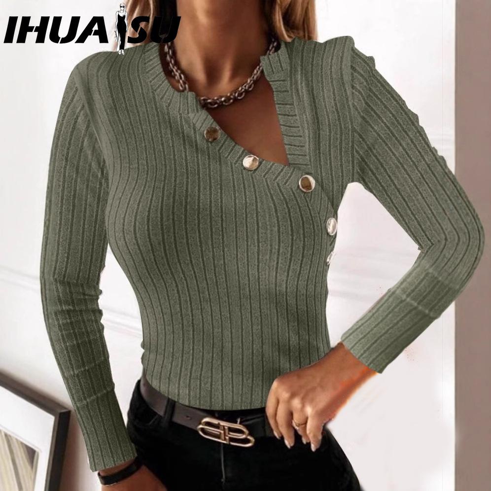 IHUASU Женская футболка с длинным рукавом и V-образным вырезом в полоску из шерсти и трикотажным топом