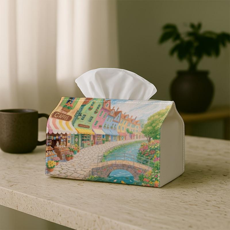1pc Impressionist Romantic Landscape Tissue Holder, Colorful Creative Storage for European Town Living Room, Minimalist Tissue Box, Napkin Holder