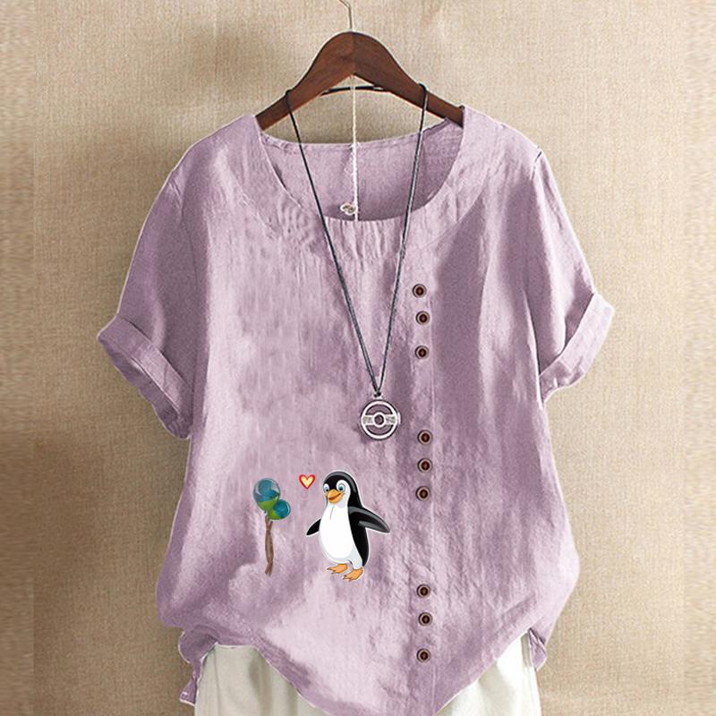 Women's Fashion Round Neck Short Sleeve T-shirt Casual Cotton Linen Graphic Shirt Leisure Loose Penguin Prined Summer Blouse Tops