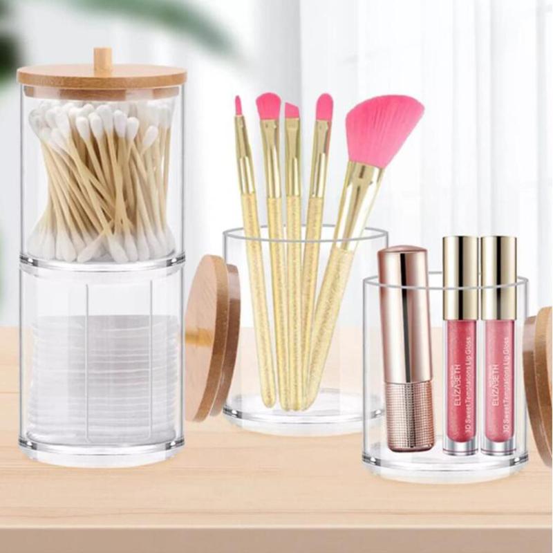 1PC Acrylic Storage Box Bathroom Jar Makeup Organizer Cotton Round Pad Holder Cotton Swab Box Qtip Holder Dispenser with Bamboo Lid