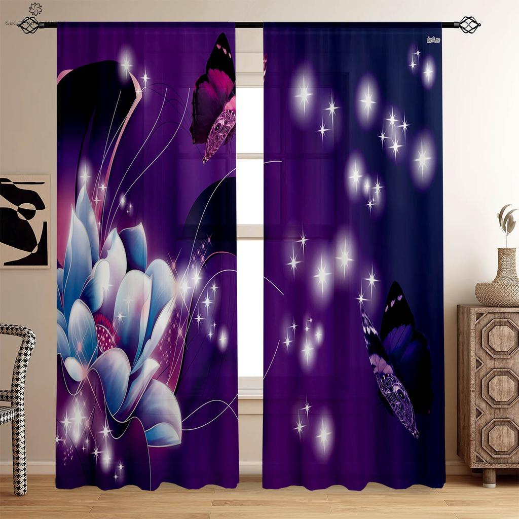 Floral Butterfly Symmetrical Printed Curtains, Decorative Curtains, Suitable for Bedroom, Living Room, Kitchen, Study Room,
