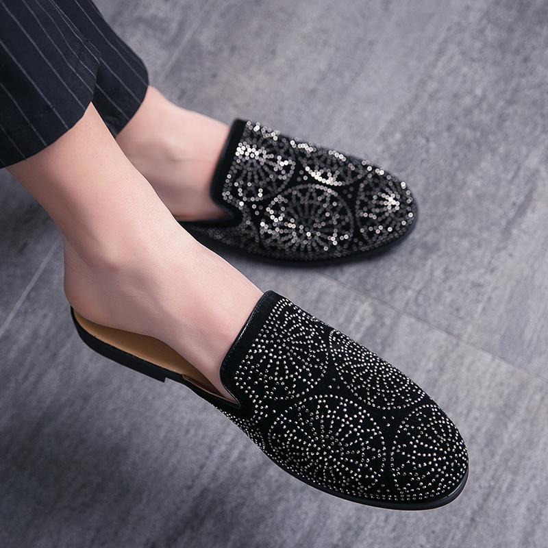 Summer Men Shoes Casual Brand Half Shoes Men Loafers Rhinestones Leather Half Slipper Breathable Slip On Lazy Flat Men Moccasins