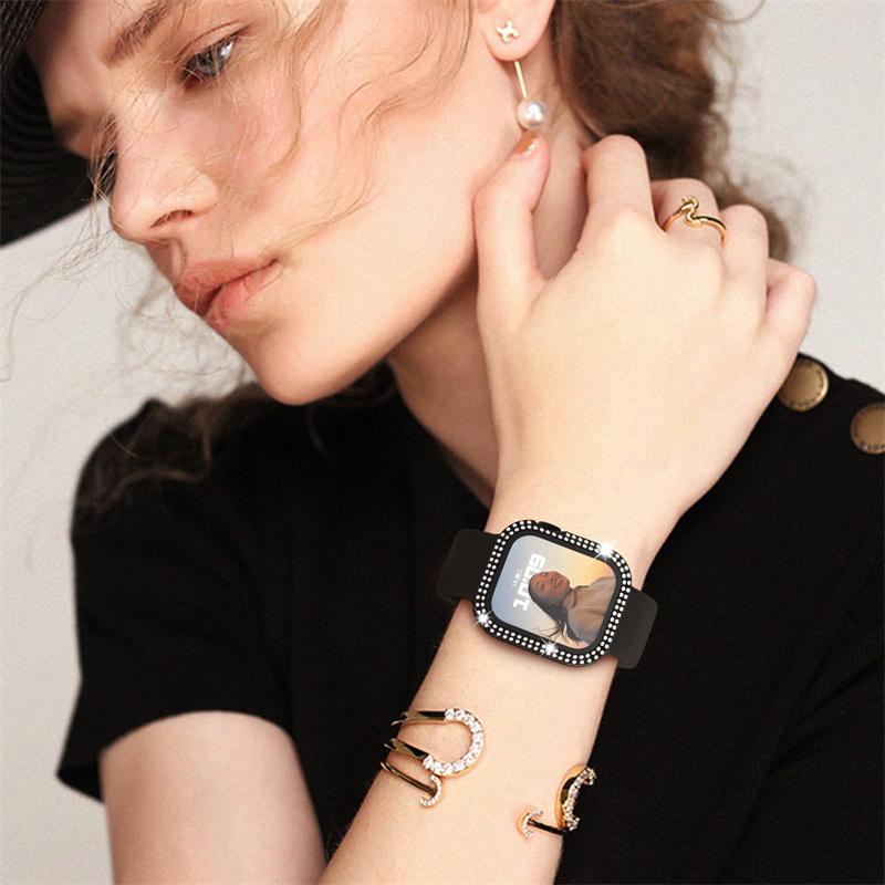 Блестящий чехол из стекла+крышка для Apple Watch Series10 46мм, 44мм, 45мм, 41мм, 40мм, 38мм, 42мм, женский бампер с бриллиантами+защитная пленка для экрана iwatch Series 7 9 8 5 6 SE