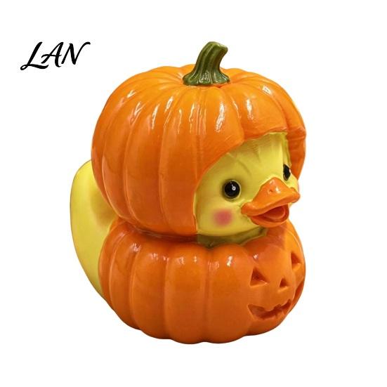 Small Healing Handicrafts Halloween Pumpkin Duck Ornament, Resin Stacked Yellow Mini Cartoon Figurine for Home Figurines, Cute Desktop Decor
