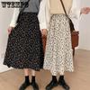 Vintage Floral Print A-line Pleated Long Skirts Summer Women Skirt Streetwear Drawstring Elastic Waist Midi Skirt