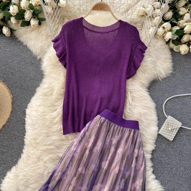 Новый летний повседневный комплект из двух предметов, женский вязаный свитер с рукавами-бабочками из люрекса, пуловер, длинная юбка-миди с принтом, костюм