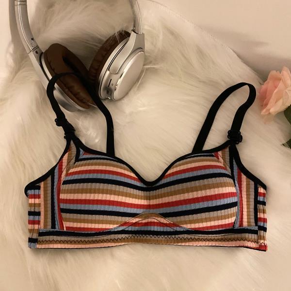 Winter Colorful Autumn Striped Sweet Bra Wirefree Pushup Cup Side Boob Control Shaping Hot Girl Backless Underwear