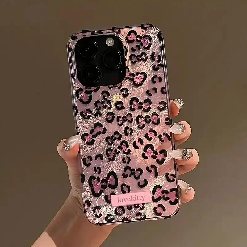 Pink Leopard Print Phone Case for IPhone 16 15 14 Pro Max 13 12 11 Pro Max16e 8 7 Plus SE XS XR X Tinfoil Pattern Cover