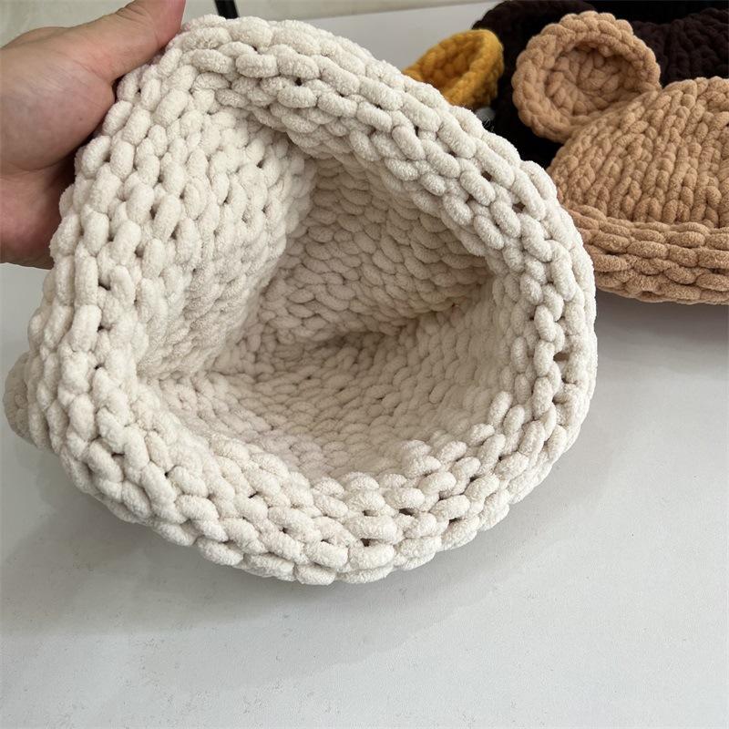 Bear Ears Thick Wool Hat Women's Autumn and Winter Thickened Warm Hand-knitted Woven Big Head Circumference Pullover Hat