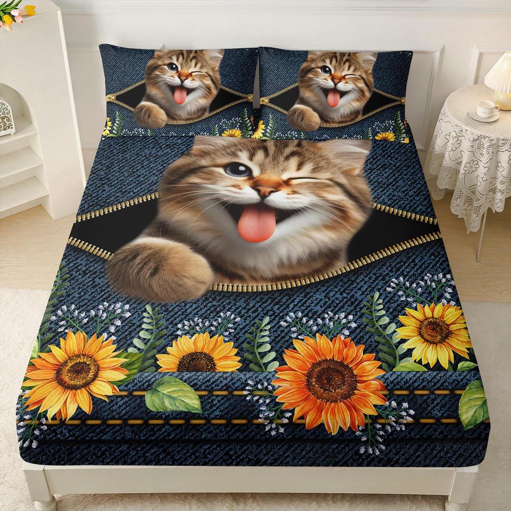 Мультяшный кошачий узор Шапка на кровать из трех частей Цифровая печать Постельное белье Шапка на кровать Набор из трех частей Дети и взрослые