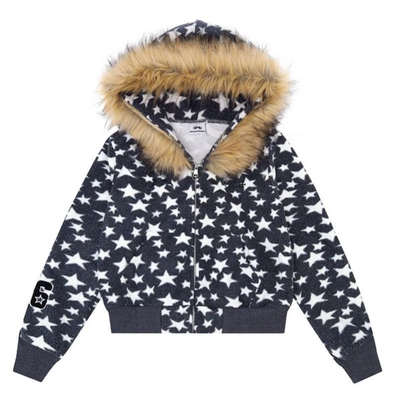 American Retro Star Print Hooded Sweatshirt Loose Zip Up Jacket Streetwear