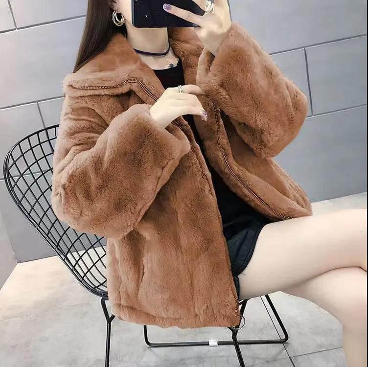 WTEMPO Зимнее меховое пальто женское из искусственного кроличьего меха, короткое свободное плюшевое утолщенное модное пальто