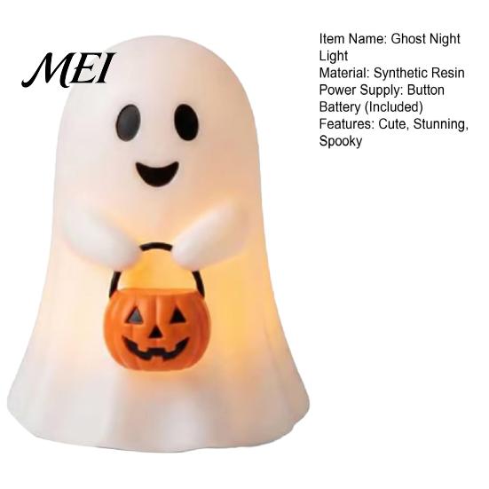 Christmas Eve Party Supplies Cute Ghost Holding Pumpkin Bucket Table Lamp, Halloween Spooky Bedside Synthetic Resin Ornaments Small LED Night
